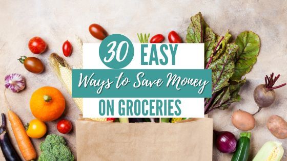 Grocery bag with groceries and tips to save money