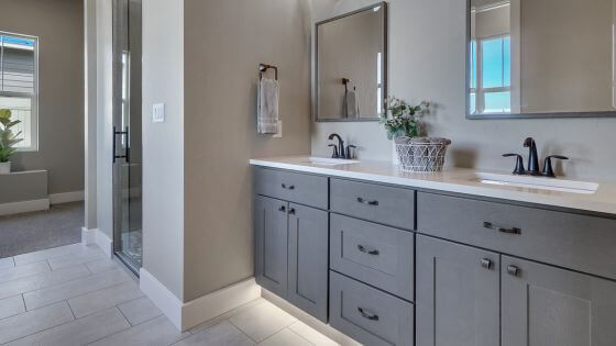 Bathroom with grey cabinets and white counters