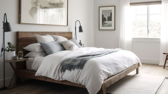 White bedroom with photos on the wall and white and grey bedding