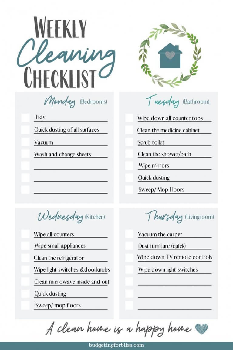 Free Cleaning Checklists: Daily, Weekly and Monthly - Budgeting for Bliss