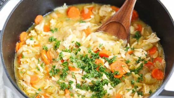 lemon chicken orzo soup in bowl