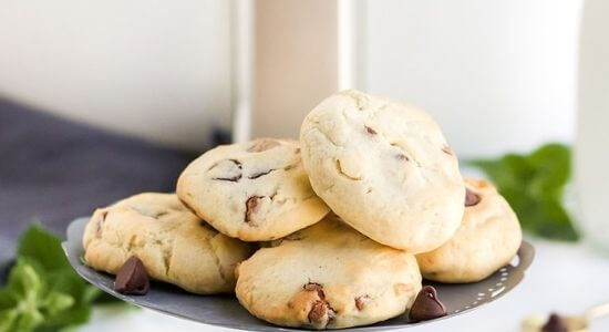chocolate chip cookies on silver plate