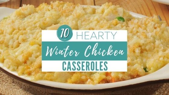 Chicken casserole in white and brown baking dish