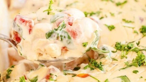 Chicken alfredo casserole in dish