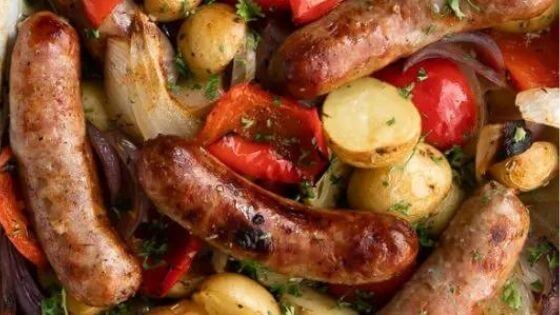 sausage and potatoes on baking dish