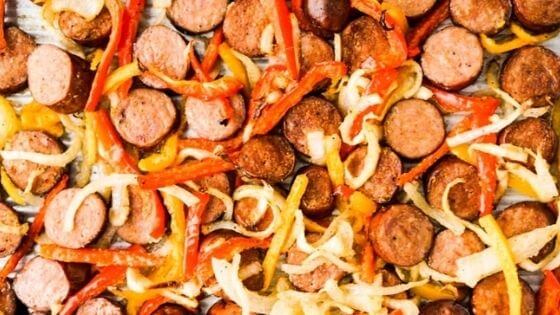 Sausage and peppers on a baking sheet