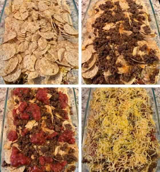 four pictures of preparing layered nacho casserole before baking