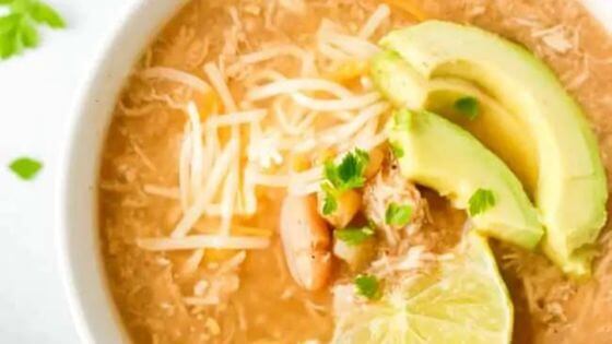 White Chicken Chili cooked in slow cooker in white bowl 