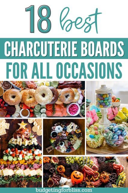 Charcuterie boards with bagels, meat, cheese, vegetables, fruit and candy