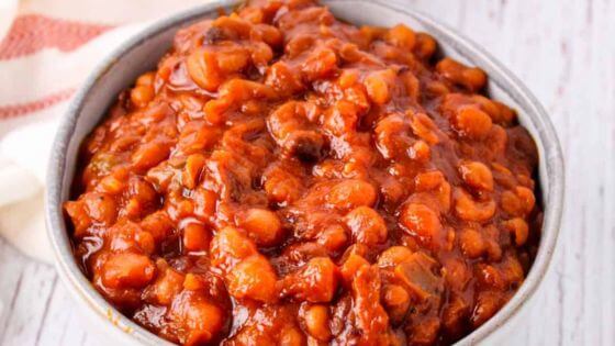 Baked beans in white bowl that was made in Instant pot