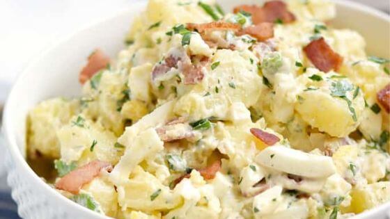 Potato salad made in the Instant Pot in a white bowl