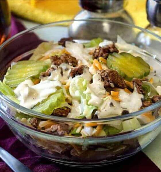 Big Mac Salad in Glass Dish