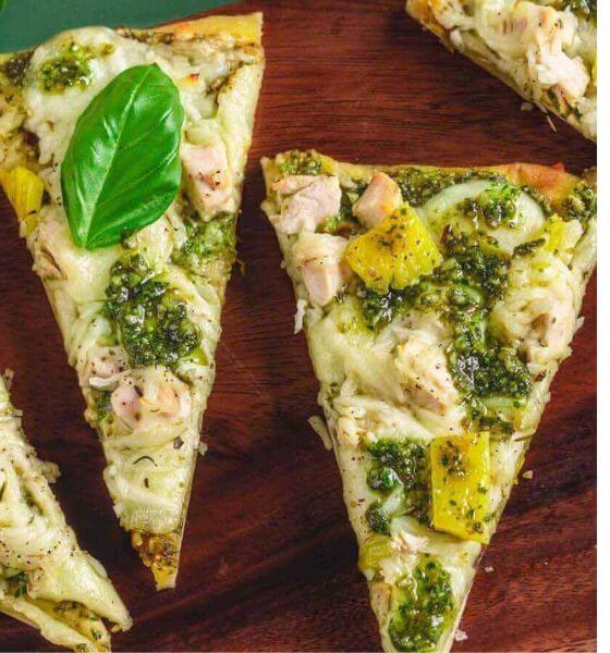 Chicken Pesto Flatbread on Wooden Table