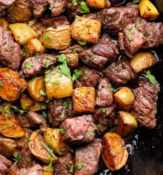 Steak and potato bites on dish