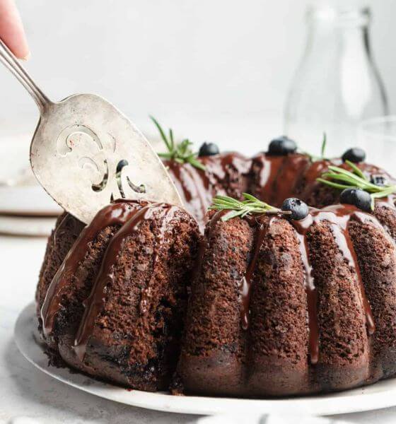 blueberry chocolate cake baked in a bundt ban