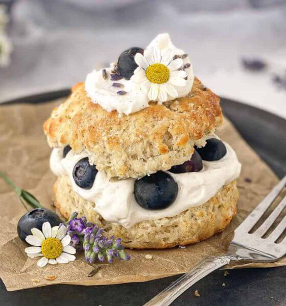 Blueberry shortcake on plate with daisies and blueberries on top