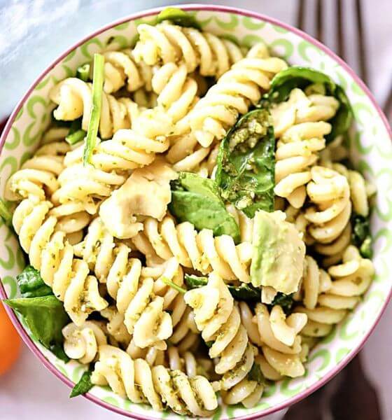 Pesto Pasta in White Bowl