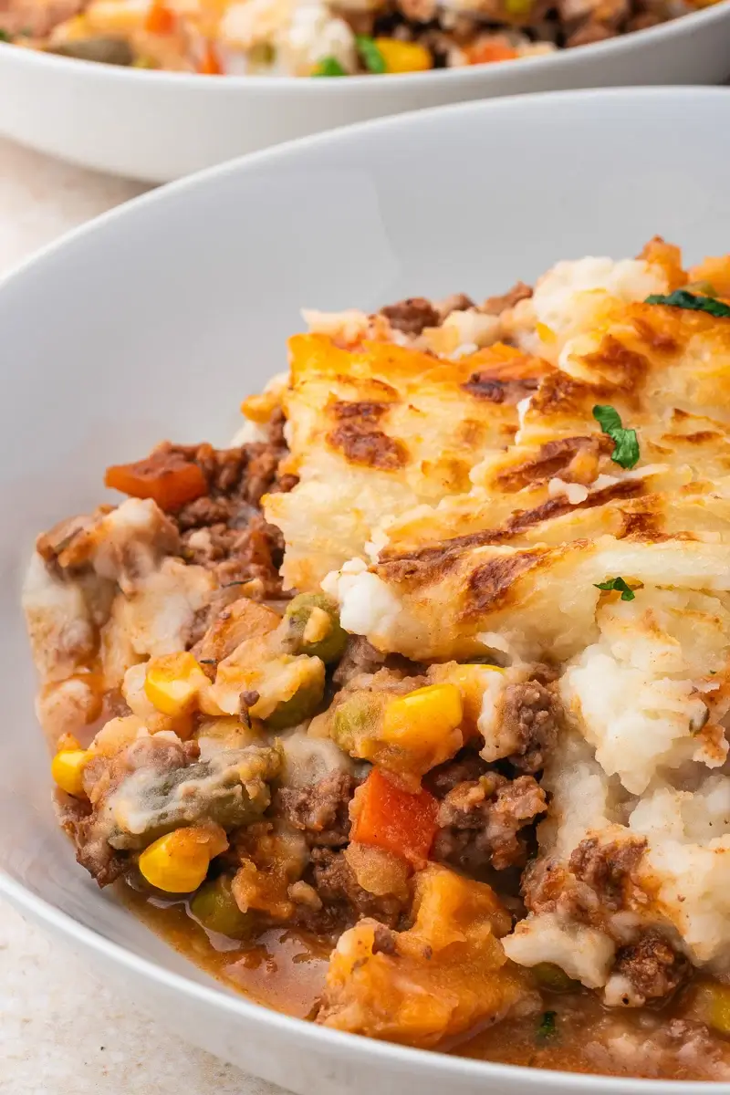 shepherd's pie in white bowl