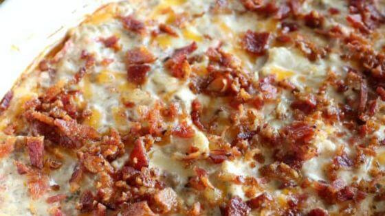 Bacon cheeseburger dip in white dish