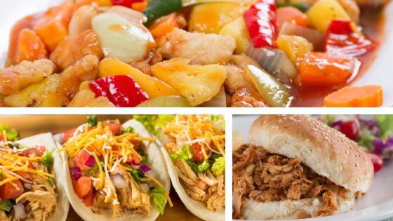 Crockpot chicken tacos, BBQ chicken sandwiches and sweet and sour chicken