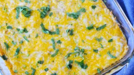 Chicken enchilada dip in glass baking dish