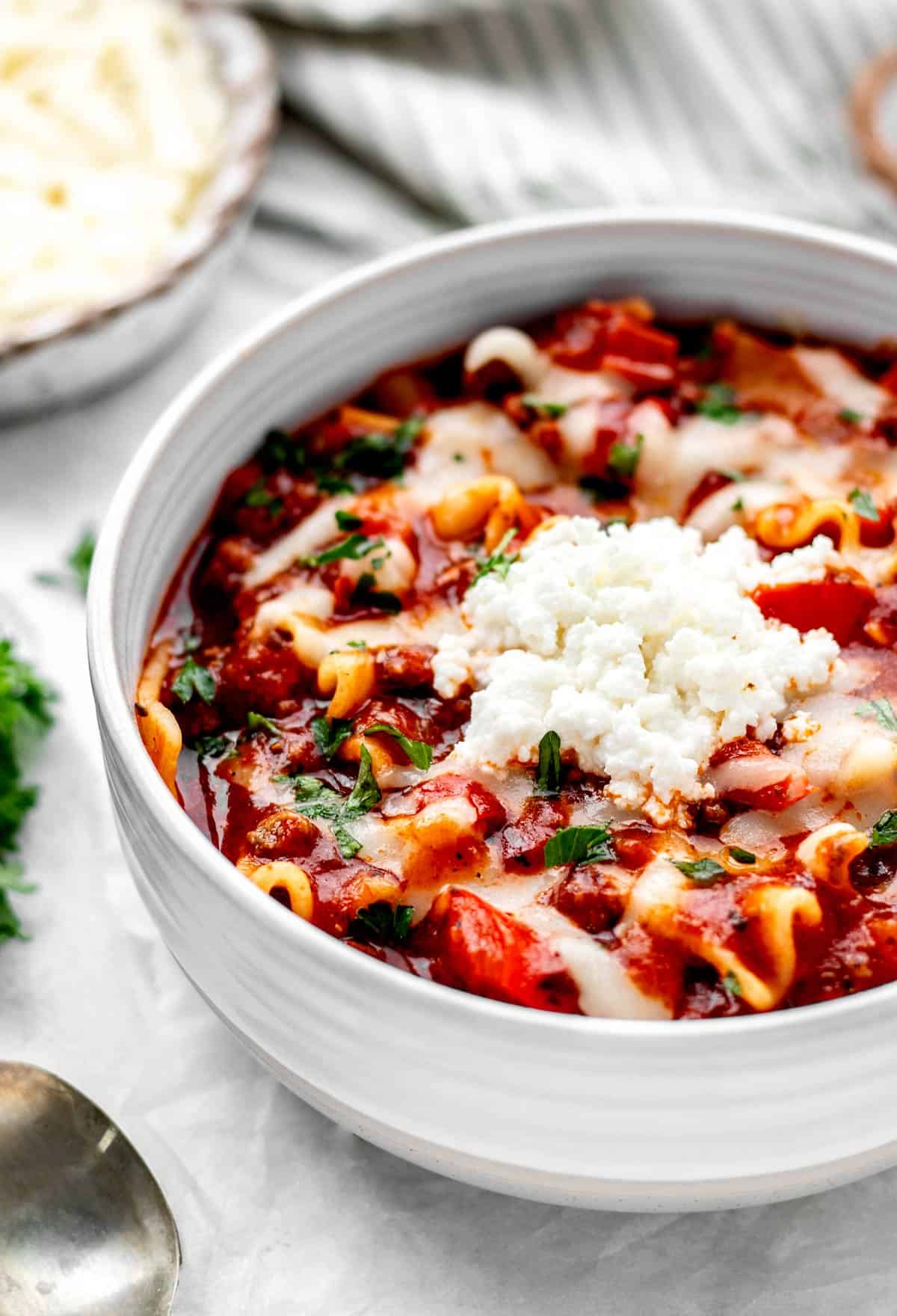 lasagna soup in white bowl