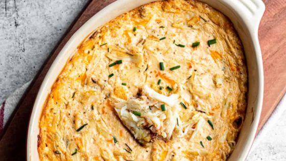 Hot Crab Dip in white baking dish