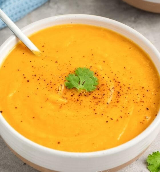butternut squash soup in white bowl