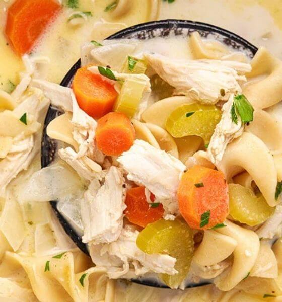 chicken noodle in bowl with ladle