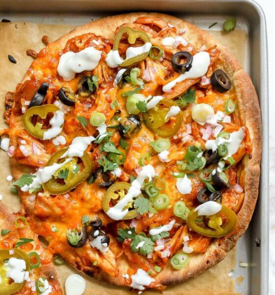 Chicken Flatbread pizza on baking sheet