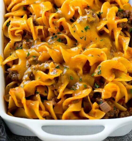 Beef and Noodle Casserole in White Baking Dish