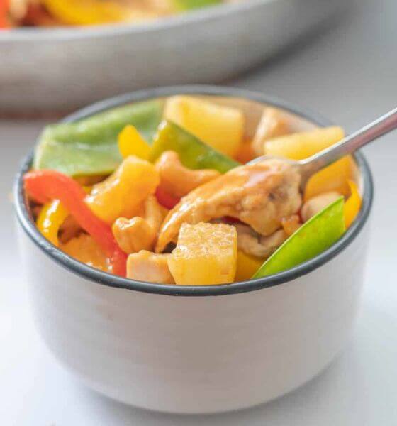 Pineapple and Chicken Stir Fry in White Bowl