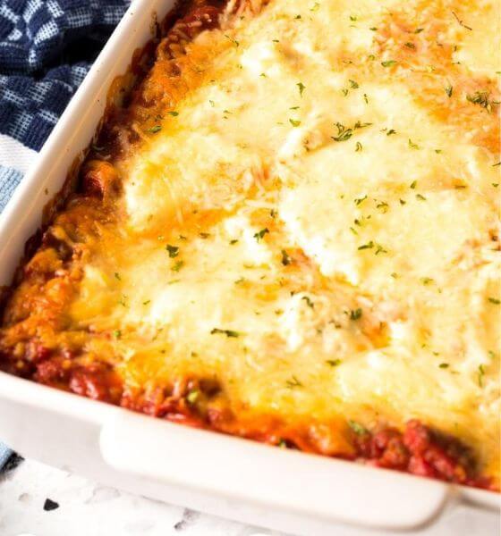 Lasagna in White Baking Dish