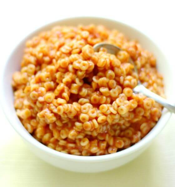 Homemade spaghetti-o's in white bowl