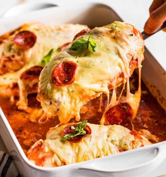 Pizza Flavored Chicken in White Baking Dish