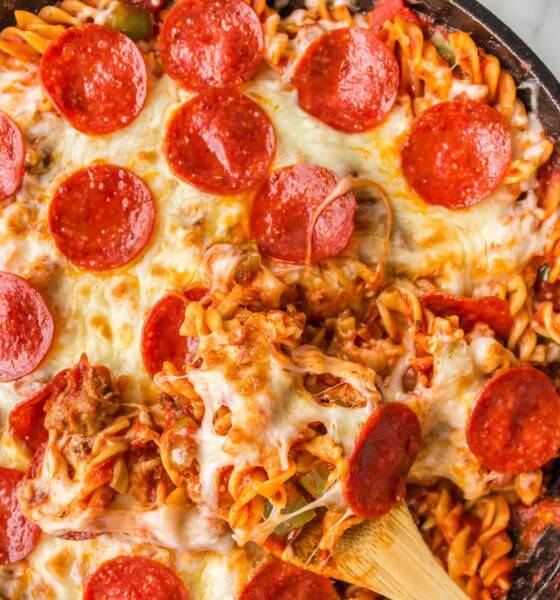 Pizza Pasta with Pepperoni on Top in Skillet