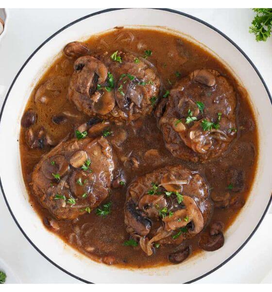 Salisbury Steak in white dish