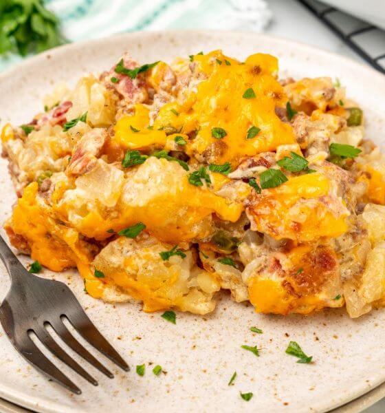 Bacon and Potato Casserole on white plate