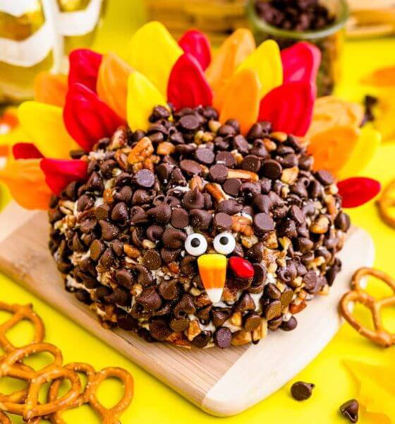 Turkey shaped dessert cheeseball with chocolate chips.