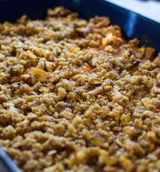 Sweet potato casserole in blue baking dish