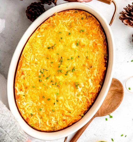 Corn casserole in white dish