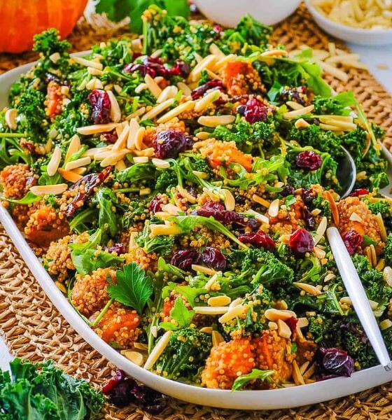 Roasted pumpkin salad in large white bowl