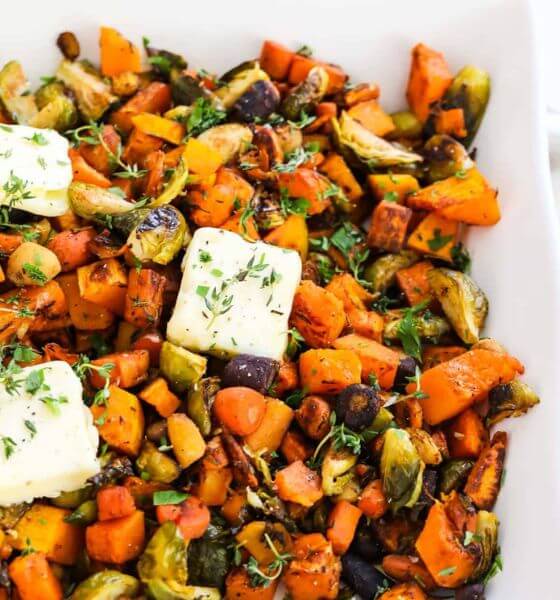 Roasted vegetables in white baking dish