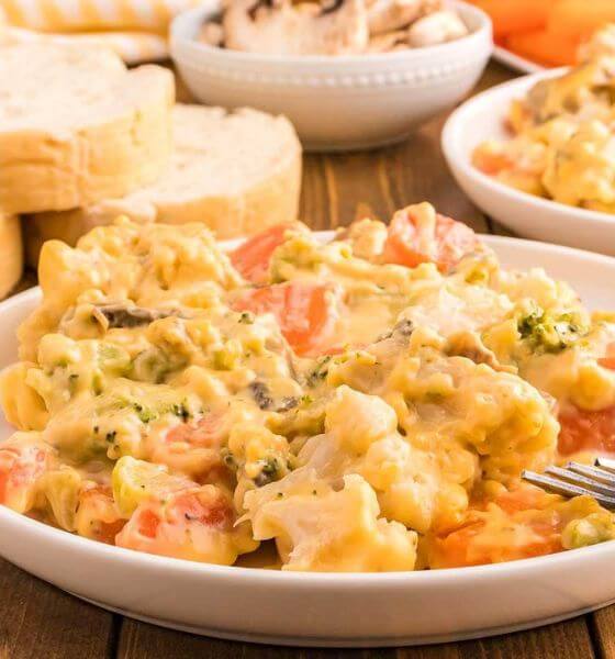 Vegetable casserole on white plate