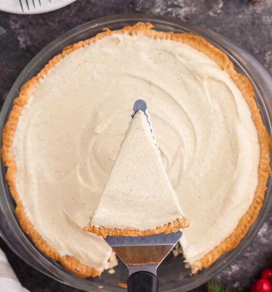 Eggnog Pie in glass pie plate 