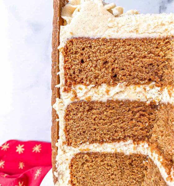 Gingerbread three layered cake with vanilla frosting