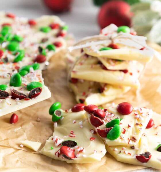 White chocolate Christmas bark with crushed peppermint and red and green m&m's