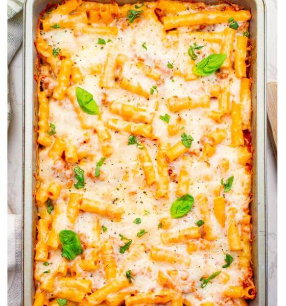 Baked ziti in white casserole pan