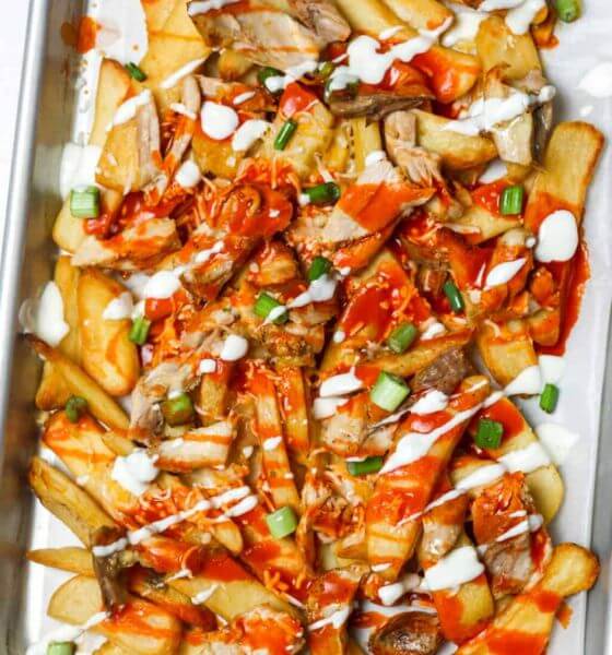 Buffalo chicken fries on sheet pan