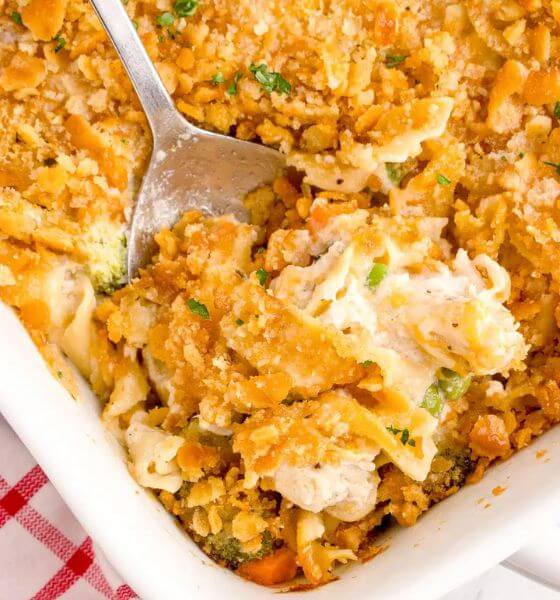 Chicken noodle casserole in white baking dish